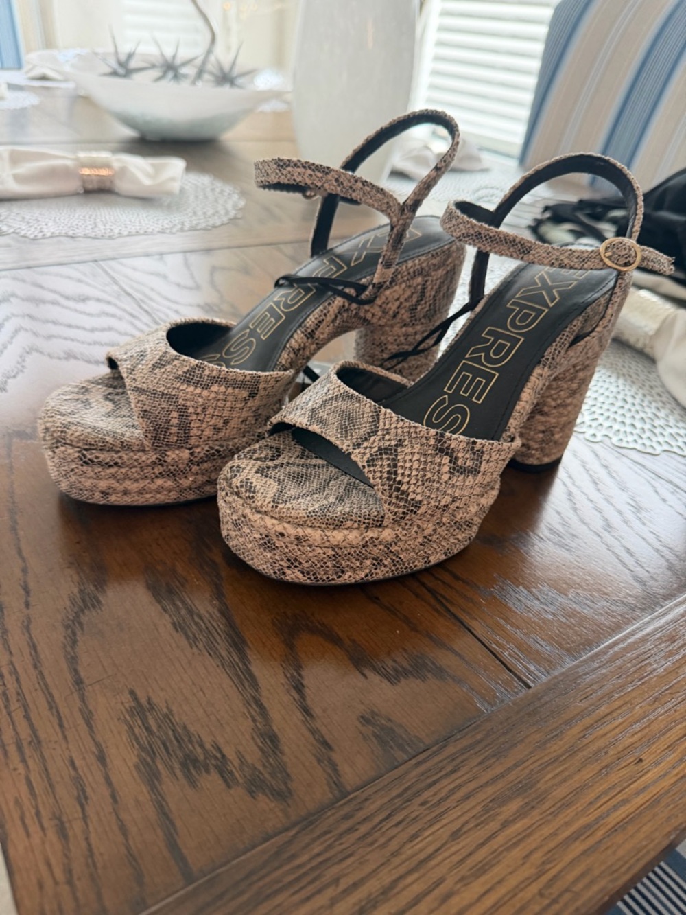 Express Women's Snake-Print Platform Block Heel Sandals - Beige Black
